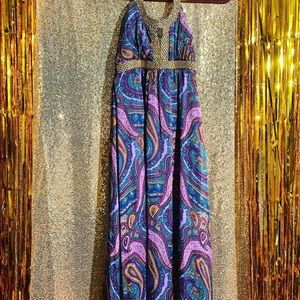 Boutique Bohemian Gold and Purple Paisley Dress